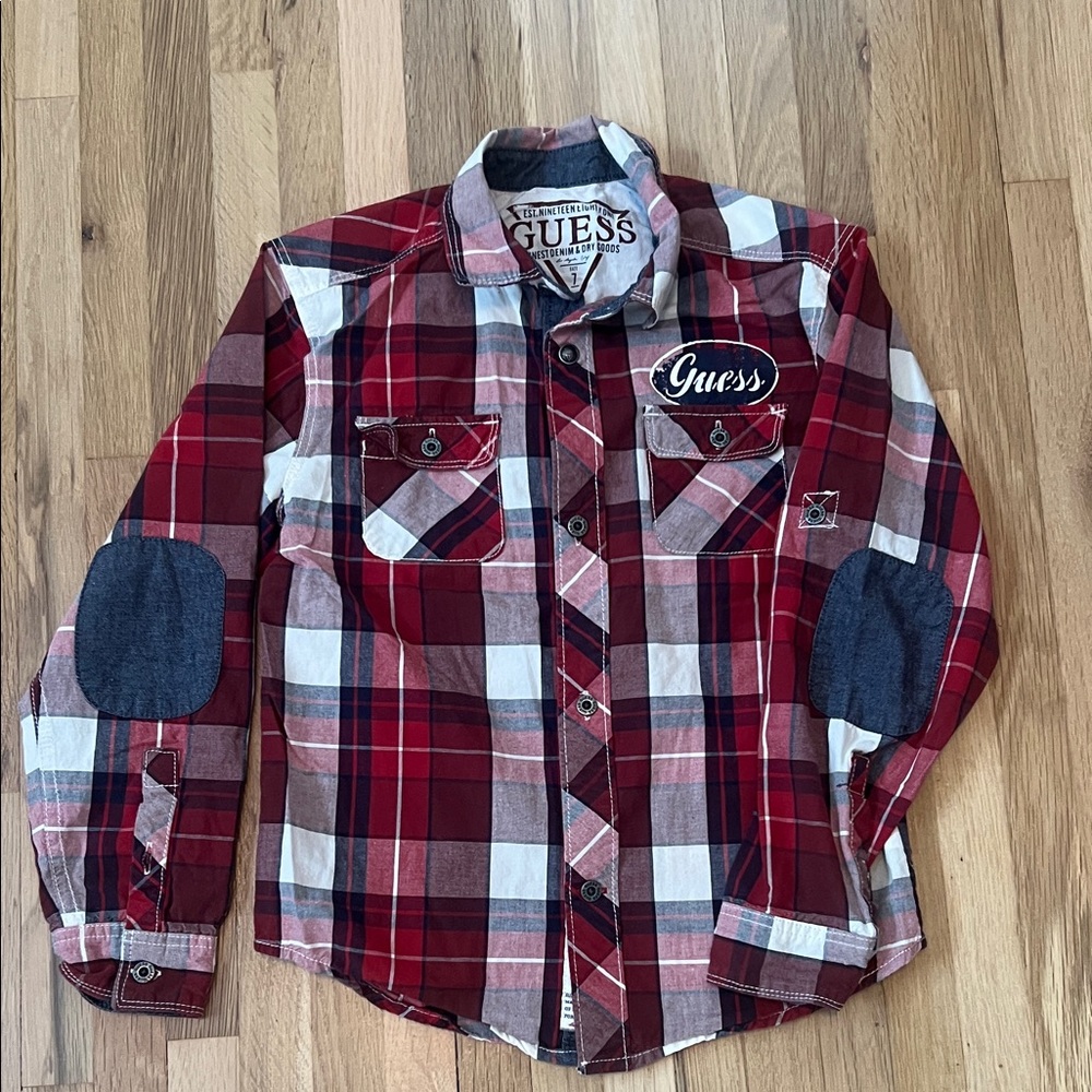 Guess Red and White Plaid Button Down Shirt